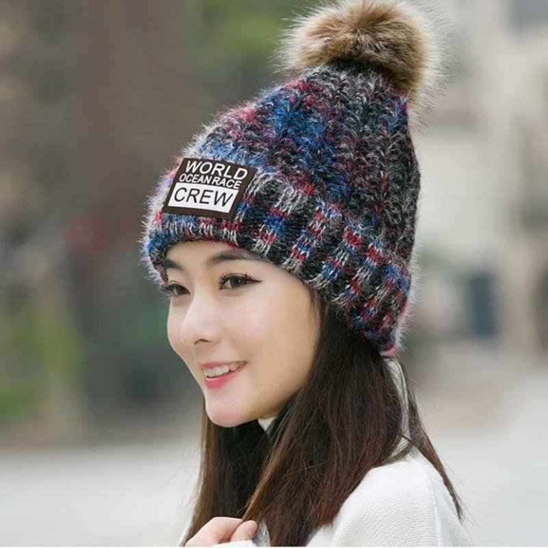 Women's Winter Hat Woolen Knitted Hat Plus Velvet Padded Thick Windproof Hat Korean Student Fur Ball Warm Ear Protection Cap Knitting Hat