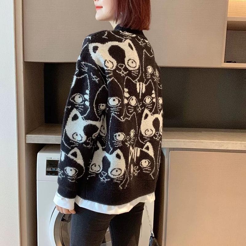 Autumn Winter  Women Fashion Sweater Casual Knitting Sweater Print Round Neck Pullovers Loose Casual Long Sleeve Sweater