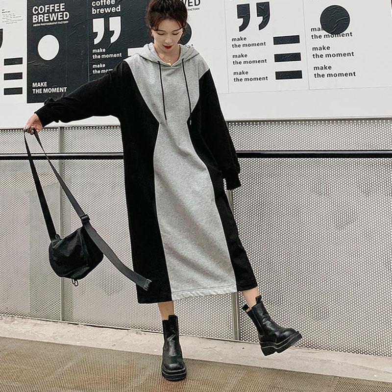 L-XXXXL Mid-calf Sweater Dress Women Spring and Autumn Plus Size Hooded Long Sleeve Loose Dress