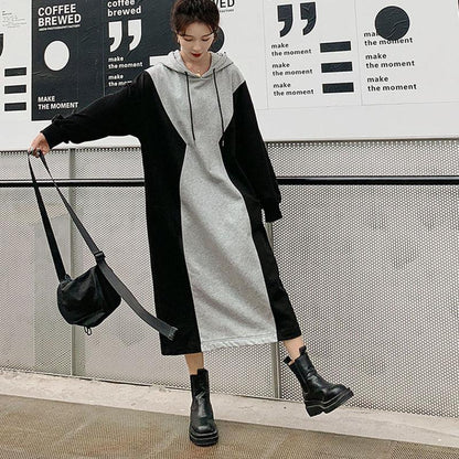 L-XXXXL Mid-calf Sweater Dress Women Spring and Autumn Plus Size Hooded Long Sleeve Loose Dress