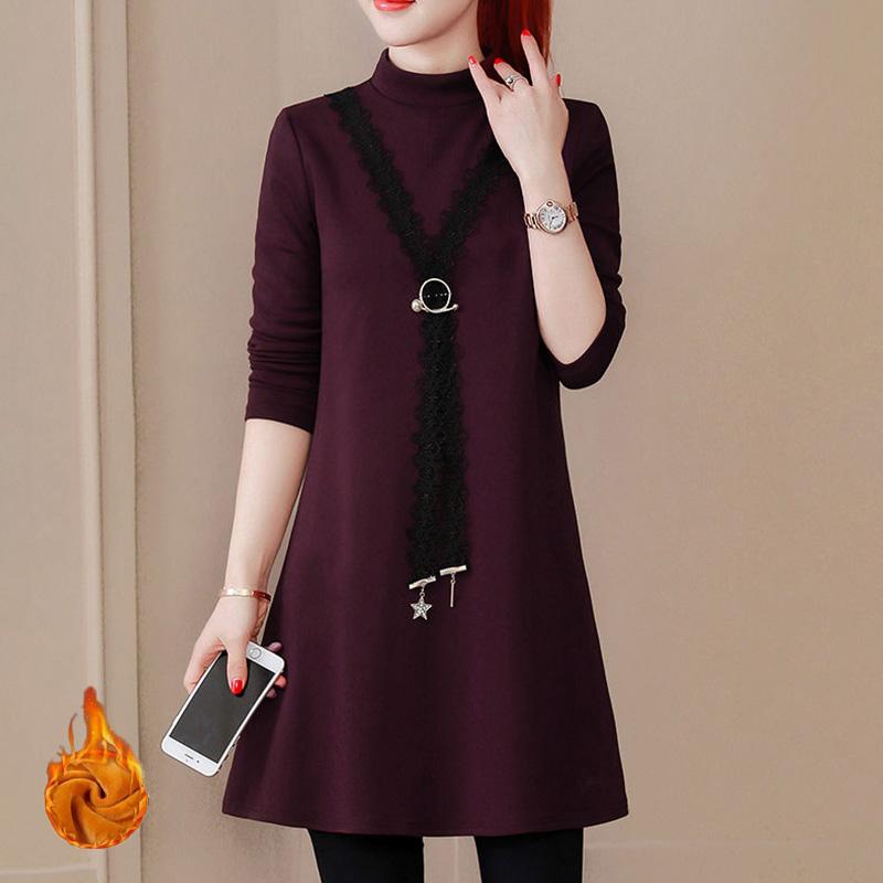 Autumn and Winter Mid-length Thick Top Solid Color Half-high Collar Long-sleeved T-shirt Round Neck Slim Bottoming Shirt Women