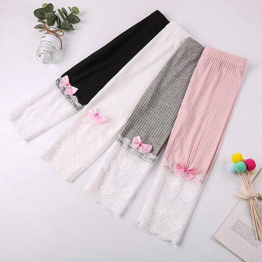 Girls' Leggings Children's Spring and Autumn Thin Lace Hollow Bow Korean Solid Color Capris Elastic Pants