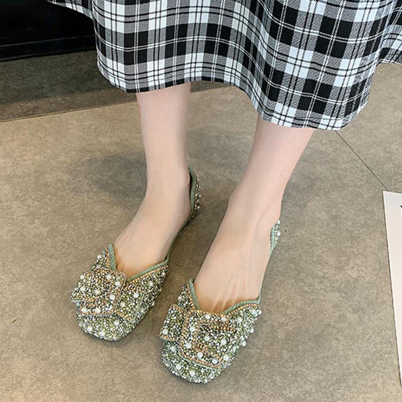 Single Shoes Women Spring and Summer Korean Version of Square Toe Flat Pearl Rhinestone Grandma Shoes Soft Sole