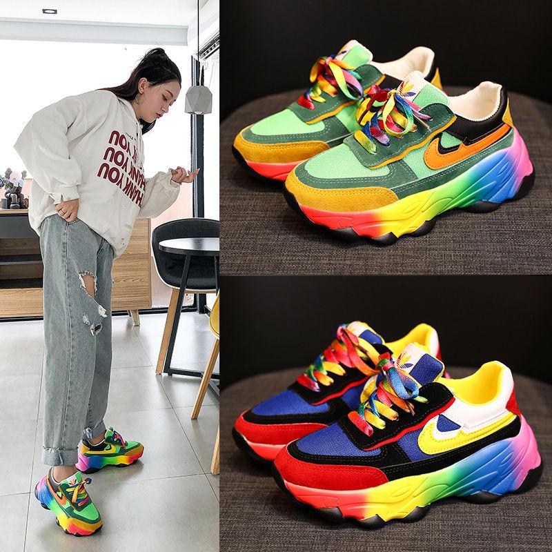 Daddy Shoes Women's Thick Bottom Increased Rainbow Shoes Students Korean Version of Wild Mesh Running Sports Shoes