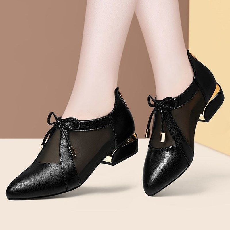 Shoes Women's Thick Heel Pointed Toe Single Shoes Soft Bottom Low Heel Small Leather Shoes Breathable Bow Cute Retro Style Princess Shoes