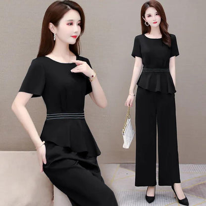 Simple Suit Loose Wide-leg Pants Round Neck Short-sleeved Shirt Two-piece Female Plus Size Slim Casual Women's Elegant Temperament