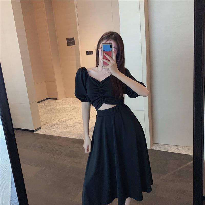 V Collar Fashion Pure Color Short Sleeve Women Elegance Dress Frenulum Bowknot Bare Midriff Dress