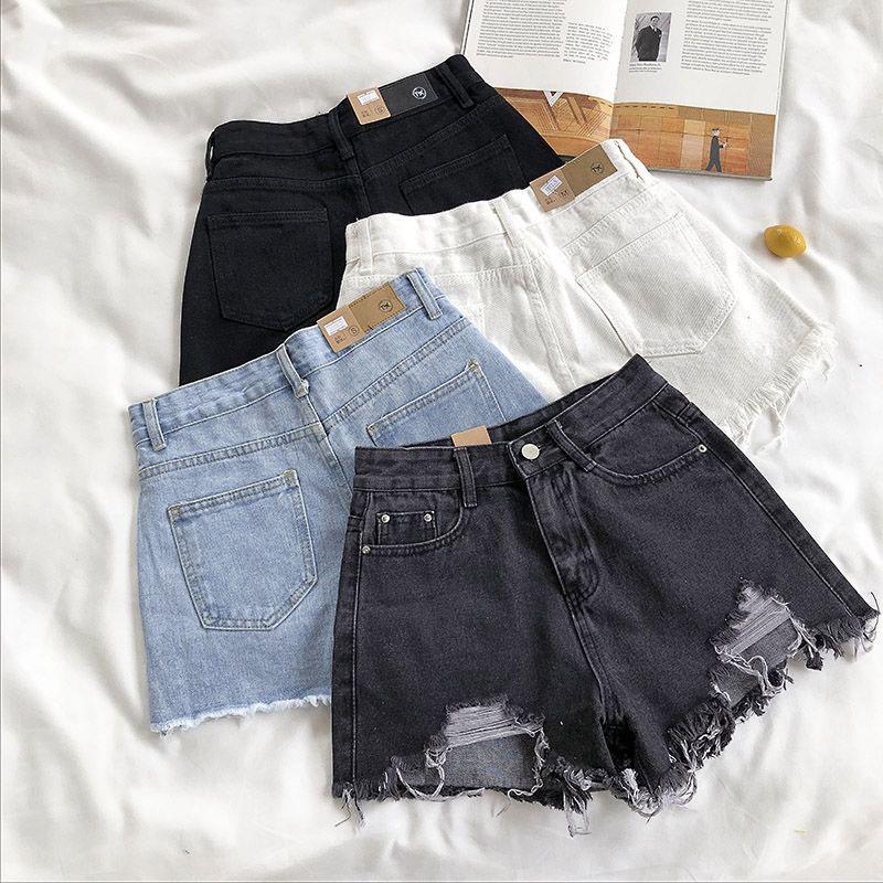 Light-colored Denim Shorts Women's High Waist Summer New Style Korean Loose Loose Holes and Raw Edges Are Thin