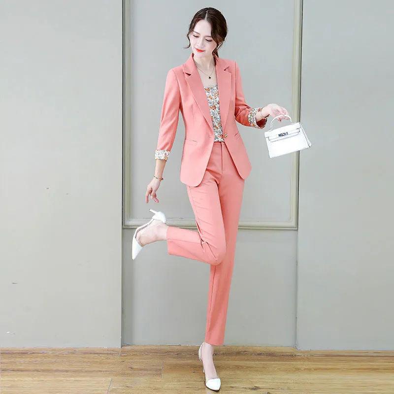 3PCS Women's Suit Three-piece Suit Spring and Autumn Casual Jacket + Floral Vest + Straight Trousers Professional Suit Ladies Thin Solid Color Suit