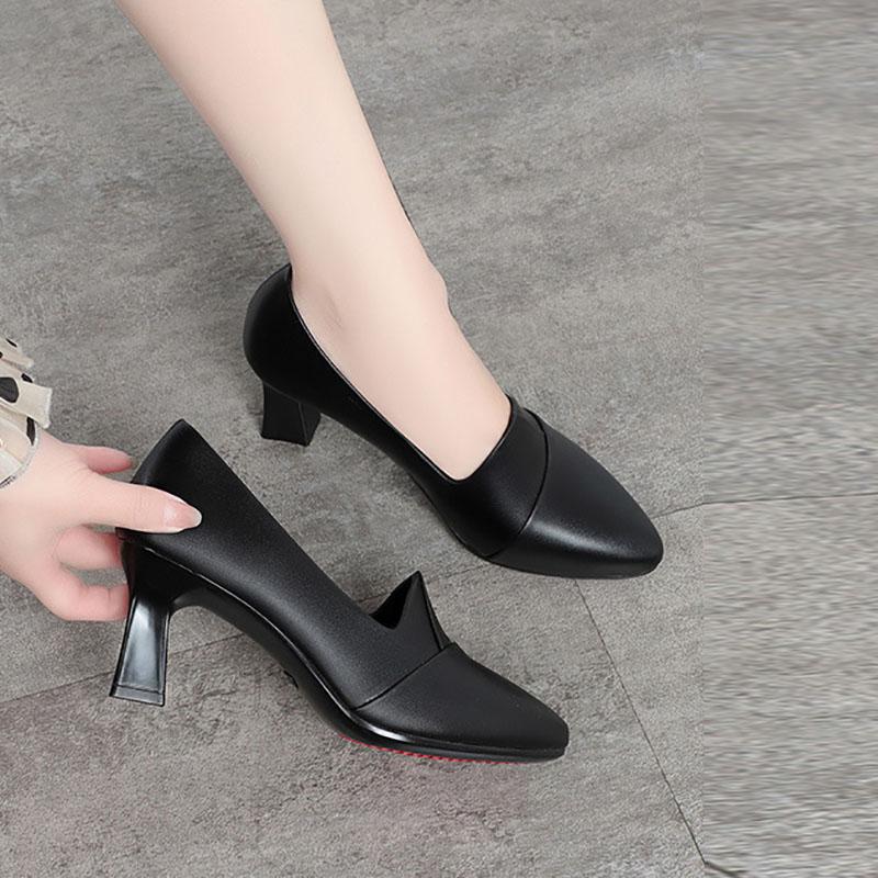 Soft Shoes Spring and Autumn High Heels Single Shoes Women's Work Shoes Red Bottom Shoes Black Leather Shoes