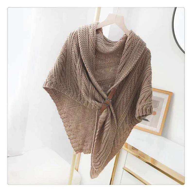 Women's Autumn Winter Knitted Leather Buckle Shawl Scarf Triangle Cloak Keep Warm All-match Solid Color Crochet Dual-use Shawl Scarf