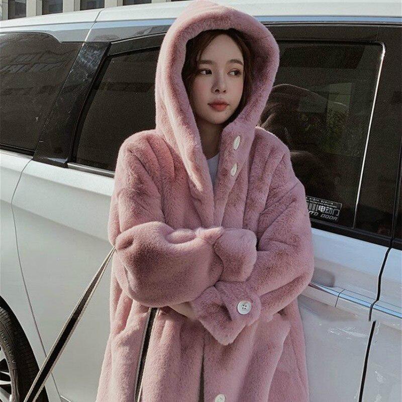 Faux Fur Coat Women Casual Korean Hoodies Furry Thick Bat Sleeved Warm Long Faux Rabbit Fur Jacket Loose Winter Coat Outwears