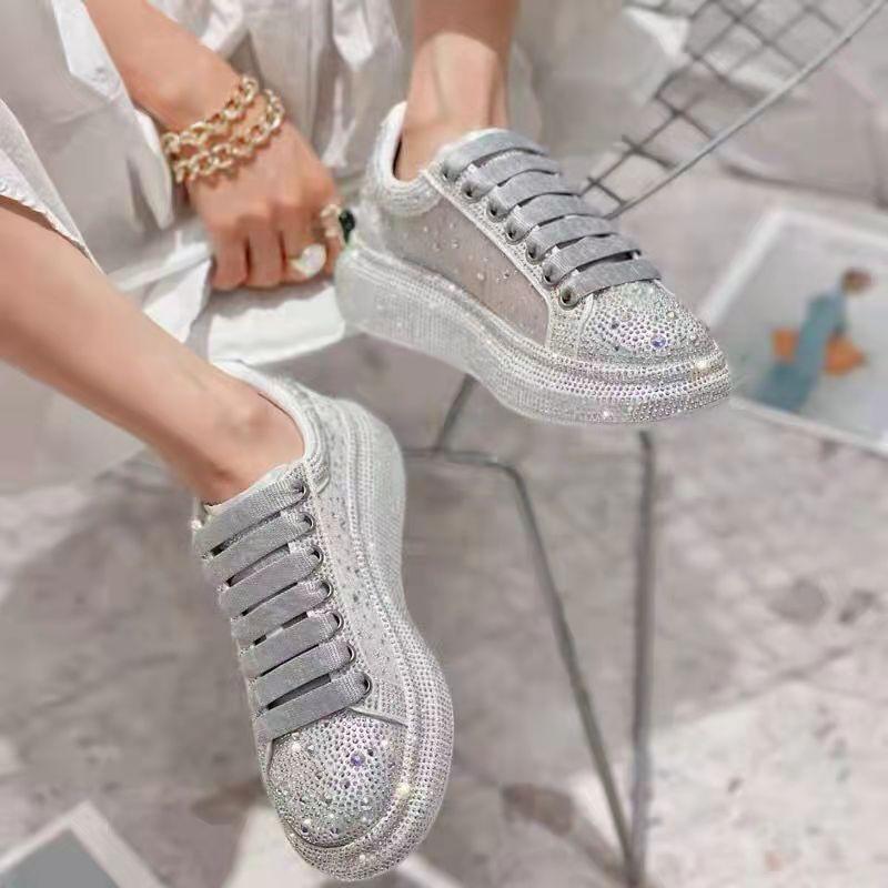 Women's Summer Platform Shoes Thick Bottom Full Diamond Fashion All-match Sneakers Sports Casual Shoes Shining Rhinestone Small White Shoes