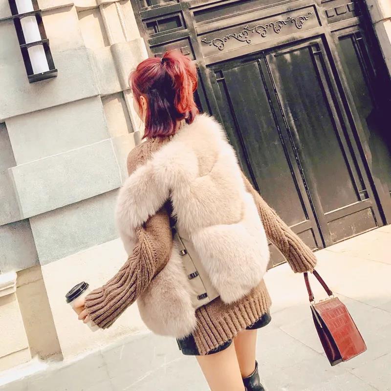 Autumn Winter Warm All-match Fur Vest Women's Leather Jacket Fashionable All-match Imitation Faux Fox Fur Waistcoat Stitching  Vest Short Jacket Slim