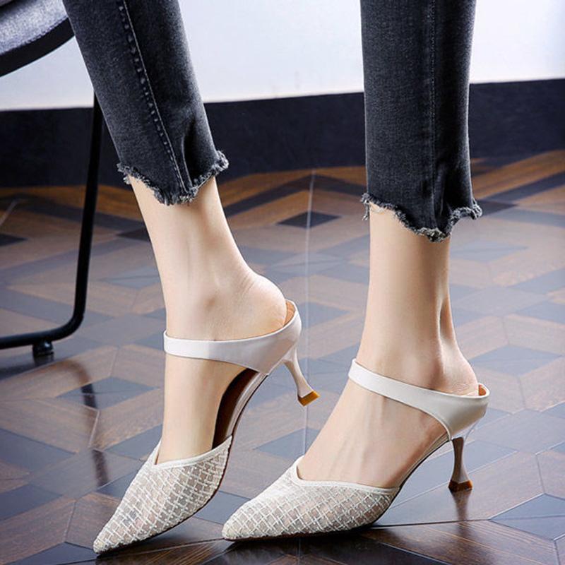 Korean Version of Baotou Mid-heel Breathable Mesh Fairy Sandals Pointed Toe Stiletto High Heels Women Slippers