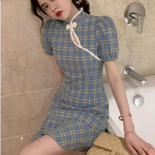 Improved Version of Cheongsam Female Summer Puff Sleeve Retro Plaid Dress with Waist and Thin Temperament Chinese Style