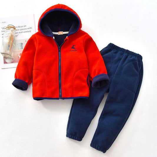 Children's Polar Fleece Suit Spring and Autumn Big Children's Fleece Warm Top Pants Two Boys and Girls Hooded Plus Fleece