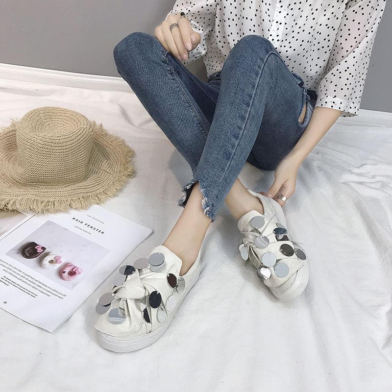 Women's Shoes Hong Kong Style Small White Shoes Women's Sequined Canvas All-match Flat Shoes