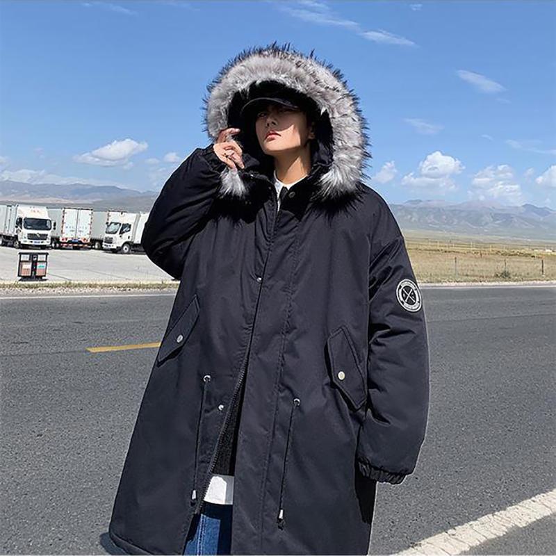 Handsome and Trendy Mid-length Men's Parker Clothing Winter Japanese Loose Thick Large Fur Collar Coat Tide Brand Large Size Wild Cotton Coat