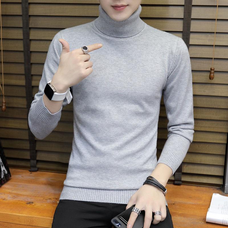 Warm Turtleneck Sweater Men Solid Knitted Mens Sweaters Casual Slim Pullover Male Double Collar Tops