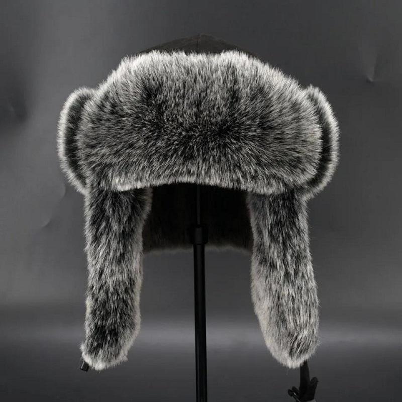 Women's Winter Fox Fur Ear Protection Caps Thicken Warm Fur Faux Leather Hat with Large Fur Collar Outdoor Windproof Cold Proof Fedoras