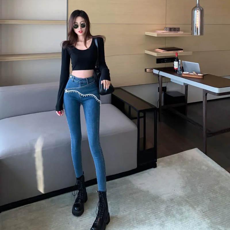 High-waist Jeans Female Autumn Diagonal Buckle Asymmetric Large Size Beads Stitching Heavy Work Slim Nine Points Small Foot Pencil Pants