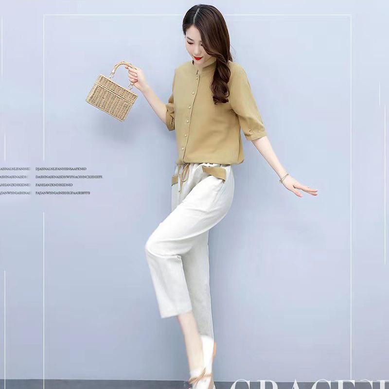 Cotton and Linen Suit Women's Casual Slimming Loose Short-sleeved Blouse Elastic Waist Pants Ladies Temperament Two-piece Suit Can Be Worn for Work