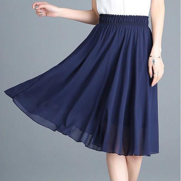 65cm Women Vintage Elegant Floral Dress High Waist A-line Chiffon Skirt Mid-length Ruffled Chiffon Skirt