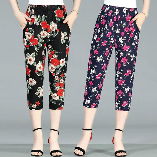 Cropped Pants Summer Thin Section Middle-aged and Elderly Women's Pants Large Size High Waist Casual Pants Straight Flower Pants