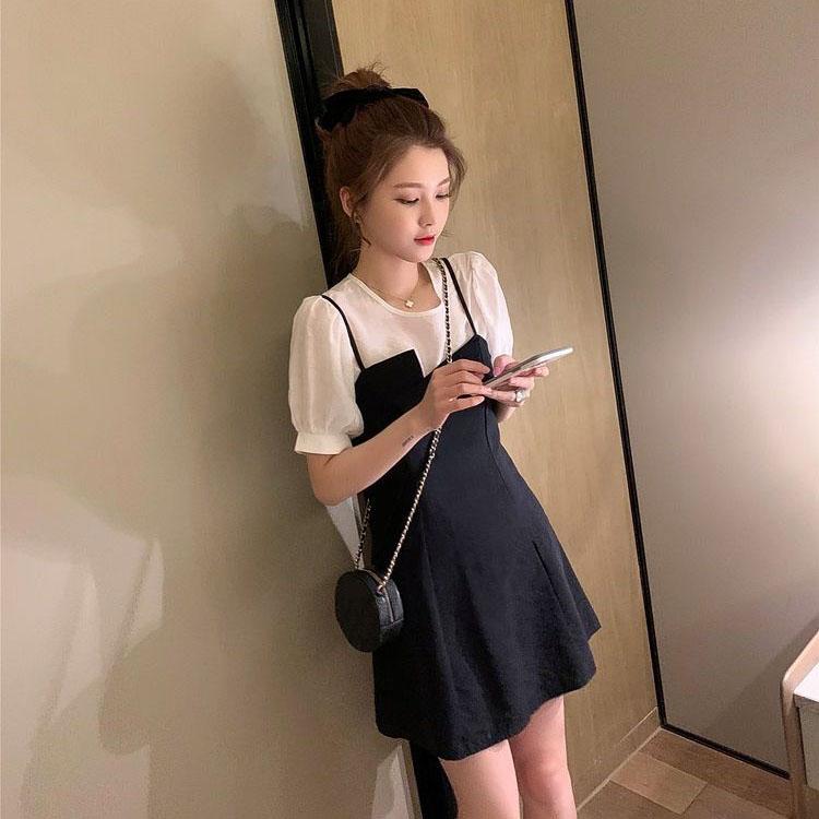 Two Piece White Shirt with Suspender Dress for Women's Simple and Elegant Summer Dress Suit