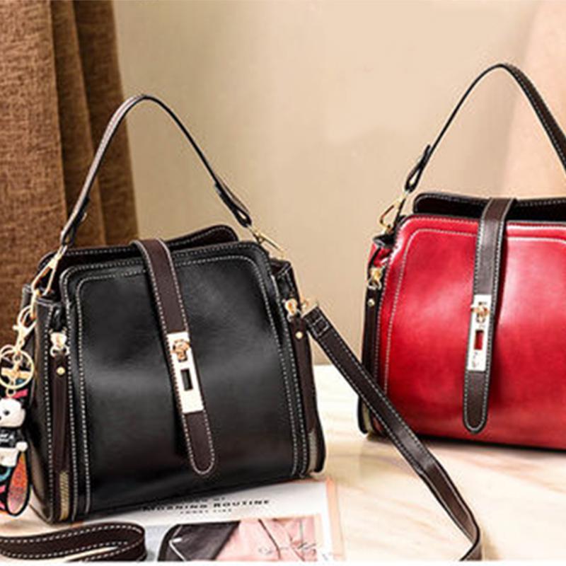 Crossbody Bag Women Red Leather Buckle Pendant Waterproof Large Capacity Shoulder Bags Handbag