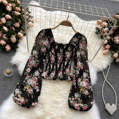 Floral Chiffon Shirt French Sweet Flower Print Bubble Lantern Sleeves Off the Shoulder Top Slim Blouses Sexy Pullover Womens Tops Summer Blouse