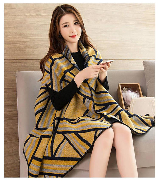 Fashion Geometric Color Imitation Comfortable Temperament Warm Poncho Shawl Scarf Knitted Shawl