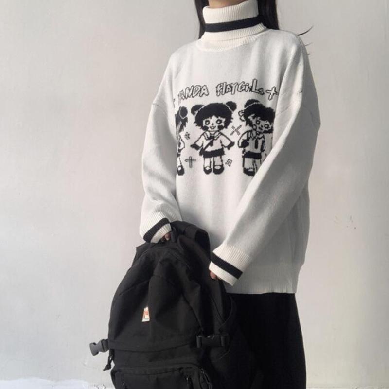 Autumn Winter Color Matching Thick Turtleneck Sweater Female Student Casual Loose Pullovers Cartoon Knitted Jacket Top