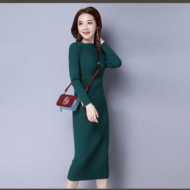 Elegant Women Midi Dress Long Sleeve Stretch Dresses Winter Ribbed Knitted Robe Office Ladies