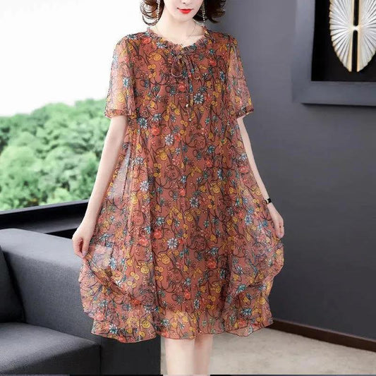 Summer Small Floral Mesh Mid-length Large Size Loose and Thin Short-sleeved Dress