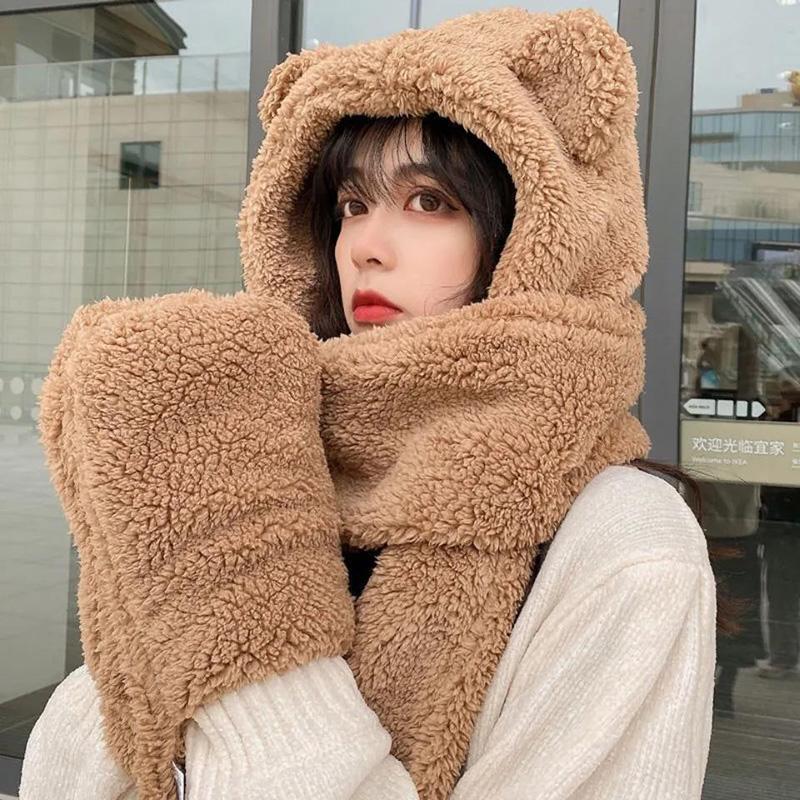 Women's Bear Ears Hat Scarf Gloves Set One-piece All-match Cute Plush Winter Scarf Hooded Cap Riding Windproof Warm Hat Face Ear Protection Hat