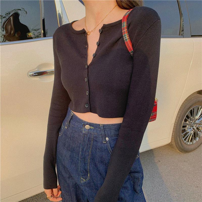 Korean Style O-neck Short Knitted Sweaters Women Thin Cardigan Fashion Sleeve Sun Protection Crop Top