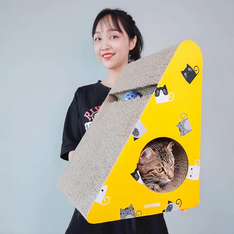 3 in 1 Vertical Cat Corrugated Scratching Board Cat House Cat Toy Triangle Against The Wall with Bell Ball Claw Sharpener Cat Scratch Mat