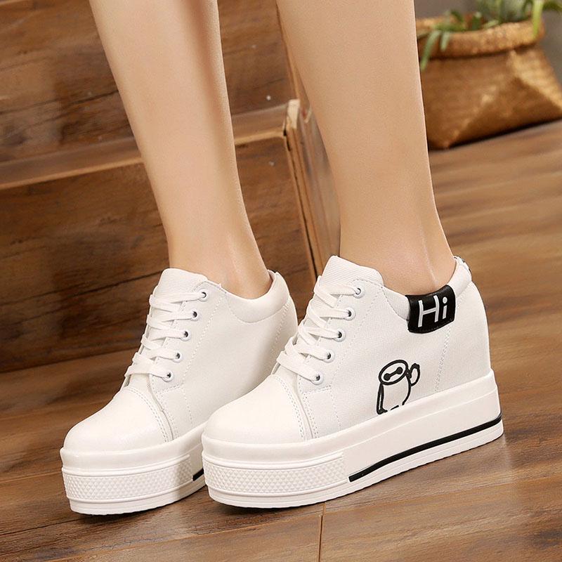 Women's  Canvas Shoes Wedges Heel Thick Bottom Increased Casual Shoes High-heeled Platform Lace Up Wedge Sneakers