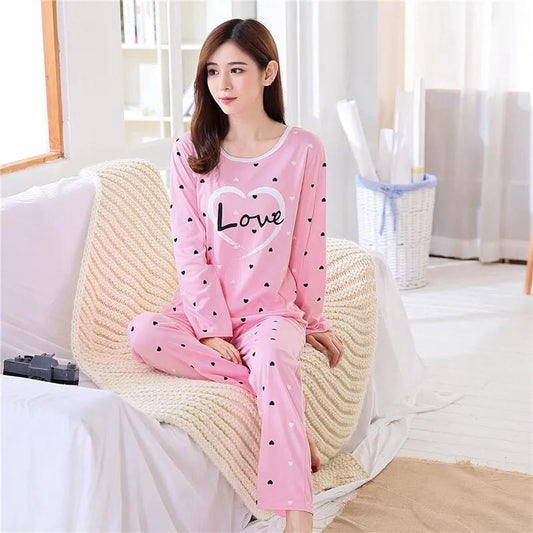 Pajamas for Women Cute Sleepwear Set Long Sleeve Pyjamas Suit Cartoon Autumn Winter Clothes Tops and Pants Sets Pullover Round Neck Casual Home Wear