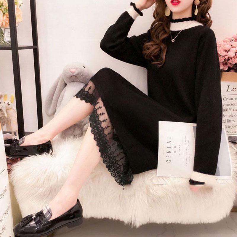 Autumn and Winter Knitted Lace Stitching Sweater Skirt Fashion All-match Hedging Bottoming Shirt Mid-length Female Sweater Dress