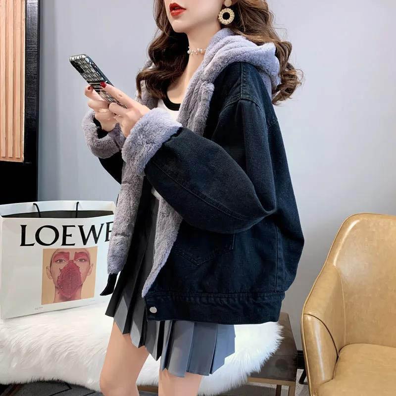 Denim and Lamb Velvet Stitching Jacket Women Plus Velvet Thick Loose Loose Style Autumn and Winter Cardigan All-match