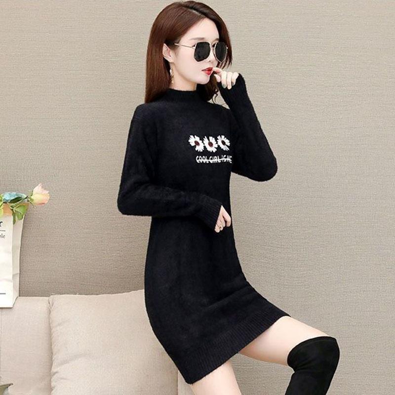 Autumn and Winter Mohair Knitted Sweater Half High Neck Thick Loose Bottoming Shirt Mid-length Casual Women Sweater Dress