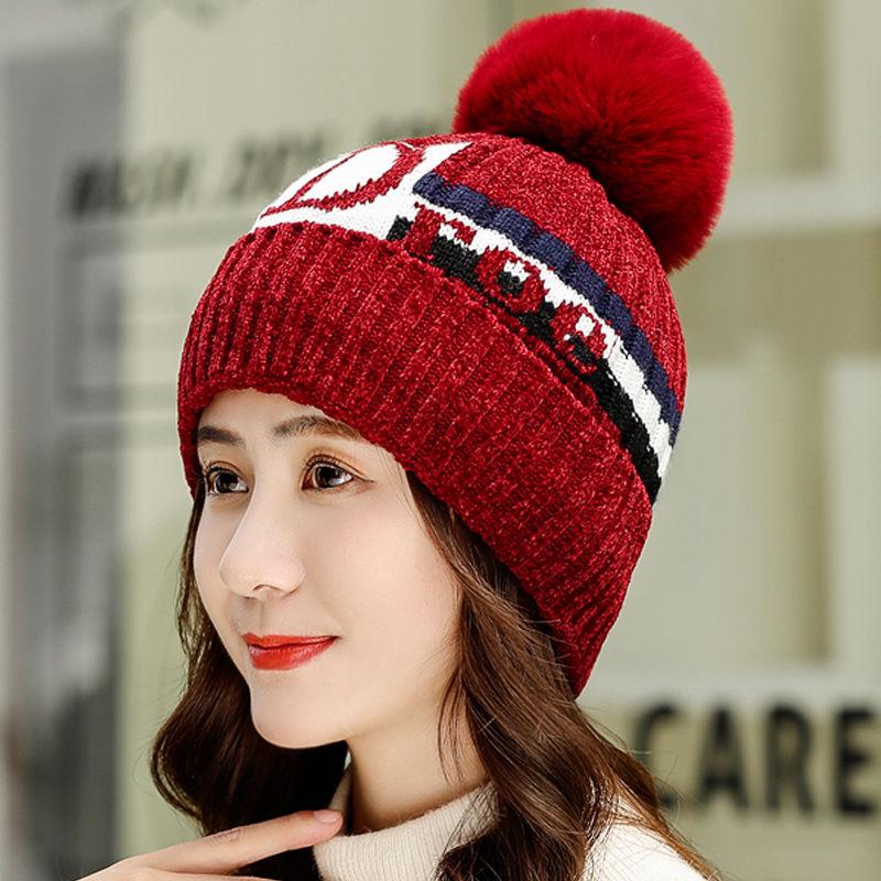 Winter Hat Fur PomPoms Ball Knitted Hats Scarf Set Women Beanie Hat Thick Skullies Female Cap