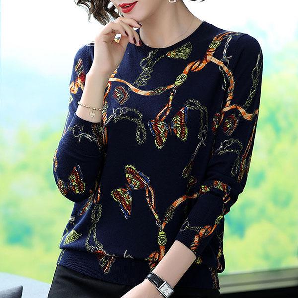 Autumn Winter Women High-end Cashmere Sweater Retro Butterfly Flower Printed Woolen Sweater Soft Warm Plus Size Pullover Sweater Female Causal Jumper