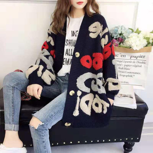 Women's Letters Jacquard Loose Knitted Jacket Long-sleeved V-neck Sweater Cardigan