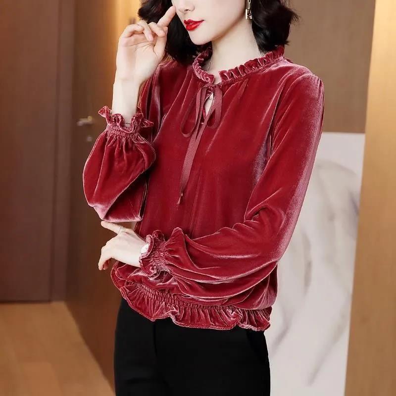 Autumn Spring Women Blouse Velvet Shirts Tops Vintage Long-sleeved Bow Ruffled Blouses Casual Loose Ladies Tops Female Clothes Pullover