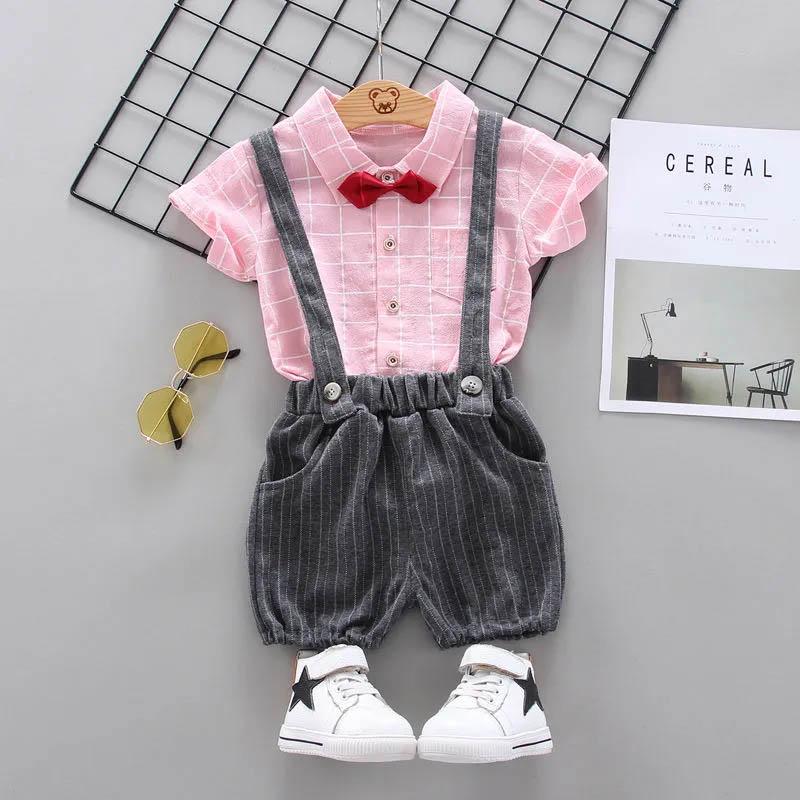 Boys and Girls Summer Suits Cute Children's Clothing Baby Short-sleeved Little Boy Clothes Overalls Plaid Pattern Summer Two-piece Suit