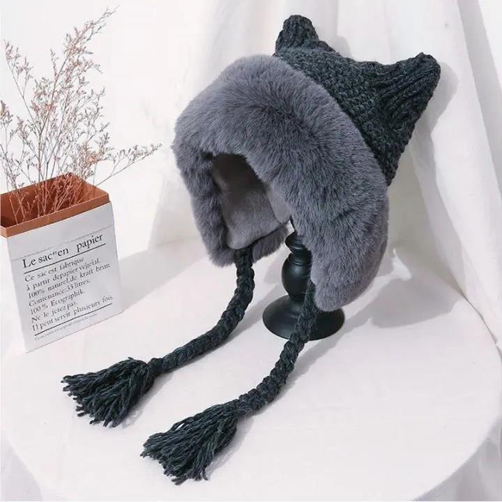 Winter Plush Knitted Hat Women's Cute Ear Thickened Woolen Hat Oversized Woolen Hat